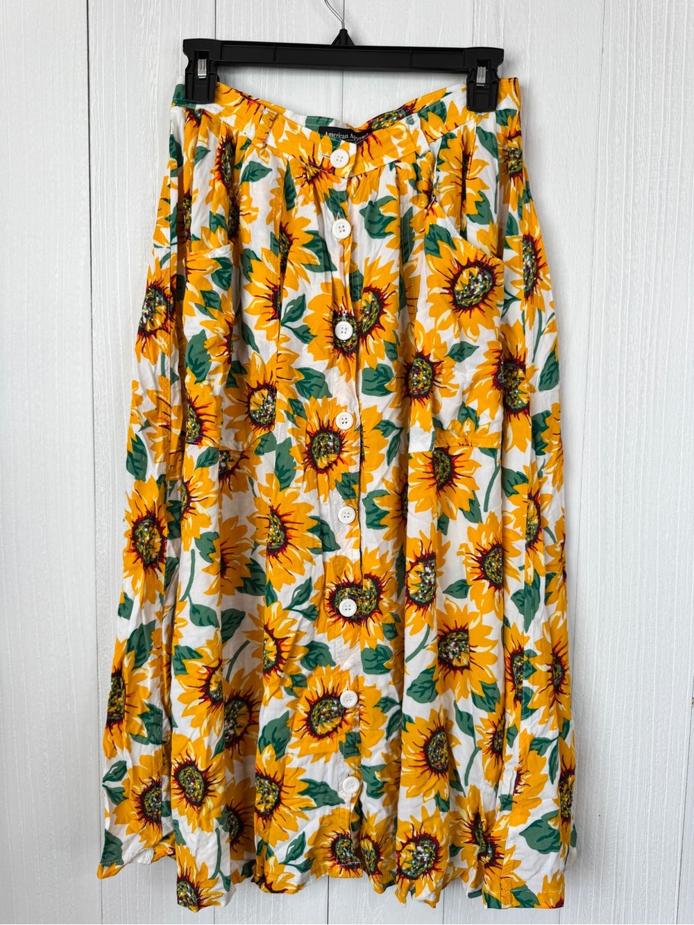 American Apparel White & Yellow Sunflower Button-Front Midi Skirt